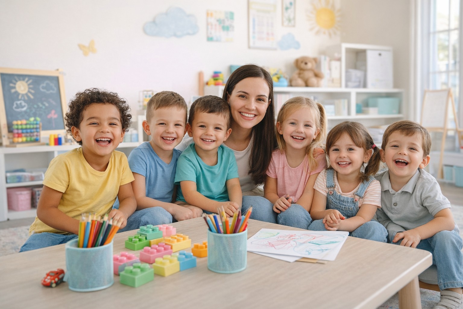 Children learning and playing in a bright classroom